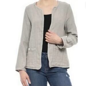 NWT TAHARI Linen Contrast Stripe Open Front Button Pocket Jacket